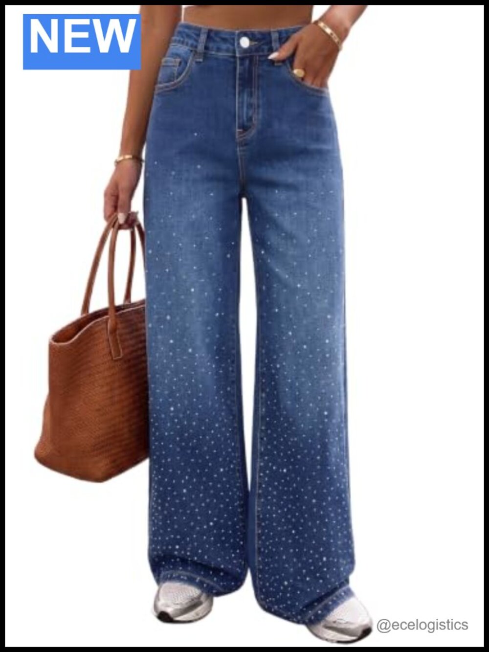 Wide Leg Jeans Women Stretchy Rhinestone Trendy Denim Pants High Rise